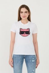KARL LAGERFELD Biały t-shirt Boucle Choupette. Białe t-shirty damskie Karl Lagerfeld, xs, bez wzorów, bez kołnierzyka. W wyprzedaży za 299.99 zł.