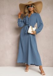 Niebieska Rozkloszowana Sukienka Maxi Plisowana Wiązana w Pasie Terilla. Niebieskie sukienki damskie Renee, bez wzorów, z materiału, bez kołnierzyka, bez ramiączek, maxi, koszulowe. W wyprzedaży za 111.99 zł.