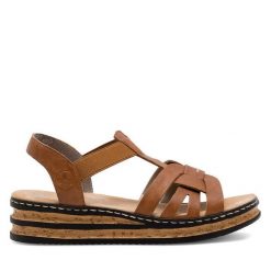 Sandały Rieker. Brązowe sandały damskie Rieker, bez wzorów, bez obcasa, na koturnie. Za 201.99 zł.