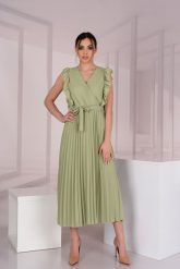 Elegancka Plisowana Sukienka z Kopertowym Dekoltem - Oliwkowa. Zielone sukienki damskie Merribel, l, bez wzorów, z elastanu, eleganckie, bez kołnierzyka, bez ramiączek, kopertowe. Za 129.90 zł.