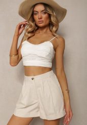Jasnobeżowe Szorty Typu Bermudy z Bawełną i Lnem High Waist Fiefia. Brązowe szorty damskie Renee, bez wzorów, z bawełny, eleganckie, z podwyższonym stanem. Za 74.99 zł.
