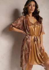 Brązowy Komplet Piżamowy ze Szlafrokiem i Elegancką Koszulą Nocną w Drobne Cętki Seraphim. Brązowe koszule nocne damskie Renee, bez wzorów, z materiału. Za 59.99 zł.