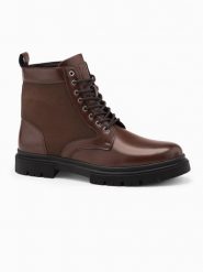 Męskie buty trapery z wysoką cholewką z łączonych materiałów – ciemnobrązowe V2 OM-FOBO-0174 - 46. Brązowe buty zimowe męskie Ombre Clothing, z gumy, z okrągłym noskiem, przed kolano, bez zapięcia. Za 209.99 zł.