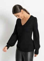 Sweter z dzianiny o gładkim splocie drobnych oczek. Czarne swetry klasyczne damskie bonprix, z dzianiny, bez kołnierzyka. Za 84.99 zł.