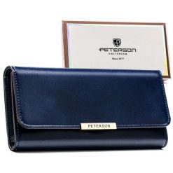 Duży portfel damski ze skóry ekologicznej w granatowym kolorze zamykany zatrzaskiem - Peterson. Portfele damskie bez wzorów, ze skóry ekologicznej. Za 51.99 zł.