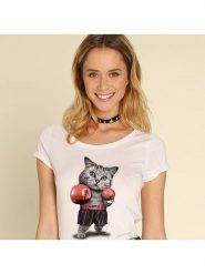 WOOOP Koszulka "Boxing Cat" w kolorze białym rozmiar: XL. Białe bluzki damskie Wooop, xl, bez wzorów, z bawełny, bez kołnierzyka, bez ramiączek. Za 56.99 zł.