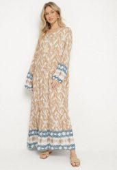 Beżowa Sukienka Rozkloszowana z Ozdobnym Wiązaniem w Boho Wzór Erainea. Brązowe sukienki damskie Born2be, na co dzień, l, z aplikacjami, z jeansu, boho, bez kołnierzyka, bez ramiączek, maxi, proste. Za 69.99 zł.