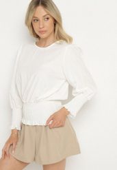 Biała Bluzka z Wiskozą i Ściągaczami Velio. Białe bluzki damskie Born2be, uniwersalny, bez wzorów, z jeansu, eleganckie, bez kołnierzyka, bez ramiączek. Za 69.99 zł.