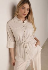 Biała Koszula z Bawełną i Lnem Ozdobiona Wycięciami i Ściągana w Pasie Harwinds. Białe koszule damskie Born2be, m, z aplikacjami, z bawełny, biznesowe, bez kołnierzyka, bez ramiączek. Za 139.99 zł.