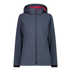 Kurtka turystyczna damska z kapturem i zamkiem CMP. Szare kurtki damskie CMP, bez wzorów, z softshellu, z kapturem. Za 403.50 zł.