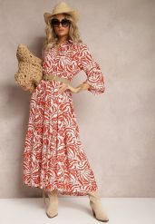 Pomarańczowo-Biała Sukienka Maxi z Falbanką z Guzikami i Orientalnym Wzorem Polka. Brązowe sukienki damskie Renee, na lato, m, bez wzorów, eleganckie, bez kołnierzyka, bez ramiączek, maxi. W wyprzedaży za 79.99 zł.