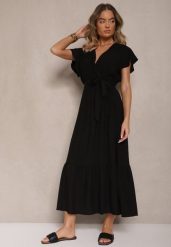 Czarna Kopertowa Sukienka z Wiskozy Ozdobiona Paskiem Savioneira. Czarne sukienki damskie Renee, na co dzień, l, bez wzorów, z jeansu, eleganckie, bez kołnierzyka, bez ramiączek, maxi, kopertowe. W wyprzedaży za 59.49 zł.