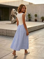 Sukienka maxi z łączonych materiałów - wielobarwny. Sukienki damskie Sinsay, l, bez wzorów, z materiału, bez kołnierzyka, bez ramiączek, maxi. Za 49.99 zł.