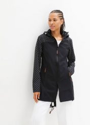 Kurtka softshell z nadrukiem, dopasowany fason, z materiału odpychającego wodę. Czarne kurtki damskie bonprix, bez wzorów, z softshellu. Za 249.99 zł.