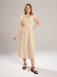 Bawełniana sukienka midi w groszki z falbankami - wielobarwny. Sukienki damskie Sinsay, l, bez wzorów, z bawełny, bez kołnierzyka, bez ramiączek, midi. Za 79.99 zł.