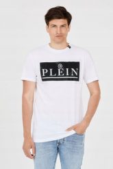 PHILIPP PLEIN T-shirt męski biały z dużym logo. Białe t-shirty męskie Philipp Plein, m, bez wzorów, bez kołnierzyka. W wyprzedaży za 799.99 zł.
