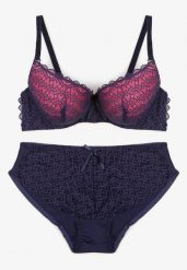 Granatowo-Fuksjowy Komplet Bielizny Koronkowej Klasyczny Biustonosz i Figi z Wysokim Stanem Nasellea. Niebieskie figi damskie Renee, z aplikacjami, z koronki. Za 24.99 zł.