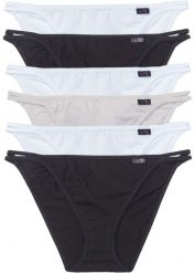 Figi tanga (6 par). Czarne figi damskie bonprix, z aplikacjami. Za 62.99 zł.