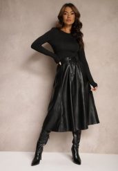 Czarna Rozkloszowana Spódnica z Imitacji Skóry High Waist Evirenas. Czarne spódniczki damskie Renee, na zimę, s, bez wzorów, z materiału, z podwyższonym stanem, midi, rozkloszowane. Za 89.99 zł.