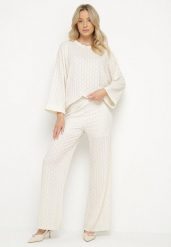 Beżowy Casualowy Komplet Bluzka z Długim Rękawem i Szerokie Spodnie Trulla. Brązowe spodnie materiałowe damskie Born2be, bez wzorów, z jeansu, eleganckie. Za 159.99 zł.