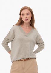 Luźny sweter z dekoltem w serek S-JOY. Brązowe swetry klasyczne damskie Volcano, l, z dzianiny, bez kołnierzyka. Za 129.99 zł.