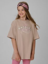 4F T-shirt oversize z nadrukiem dziewczęcy - beżowy 134/140 (8-10 lat). Brązowe koszulki dziewczęce 4f, bez wzorów, z bawełny, bez ramiączek. Za 59.99 zł.