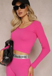 Fuksjowa Dopasowana Bluzka w Prążki o Krótkim Kroju Elowenia. Czerwone bluzki damskie Renee, bez wzorów, sportowe, bez kołnierzyka, bez ramiączek. Za 39.99 zł.