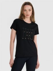 4F T-shirt regular z nadrukiem damski - czarny XXL. Czarne t-shirty damskie 4f, xs, bez wzorów, z bawełny, bez kołnierzyka. W wyprzedaży za 39.99 zł.