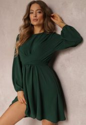 Ciemnozielona Sukienka Rozkloszowana z Gumką w Pasie Thelo. Zielone sukienki damskie Renee, m, bez wzorów, z tkaniny, eleganckie, bez kołnierzyka, bez ramiączek, mini, kopertowe. W wyprzedaży za 59.49 zł.