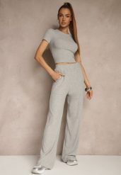 Szary Komplet z Bawełny T-shirt Typu Crop Top i Spodnie Wide Leg Nelisandra. Szare spodnie materiałowe damskie Renee, bez wzorów, z bawełny. Za 119.99 zł.