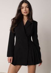 Czarna Sukienka o Kroju Marynarki VICES z Poduszkami w Ramionach Serlina. Czarne marynarki i żakiety damskie Born2be, l, bez wzorów, eleganckie. Za 249.99 zł.