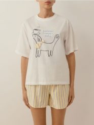 Dwuczęściowa piżama z nadrukiem - jasnożółty. Żółte piżamy damskie Reserved, l, bez wzorów, z bawełny, bez ramiączek. Za 99.99 zł.