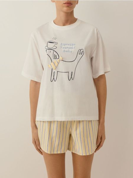 Dwuczęściowa piżama z nadrukiem - jasnożółty. Żółte piżamy damskie Reserved, l, bez wzorów, z bawełny, bez ramiączek. Za 99.99 zł.