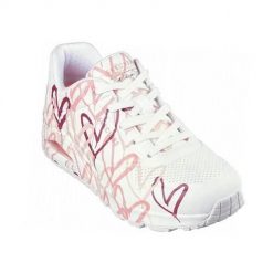 Buty do chodzenia damskie Skechers Uno Spread The Love. Białe buty sportowe na co dzień damskie Skechers, bez wzorów, z materiału, trekkingowe, Skechers Sport. Za 415.00 zł.