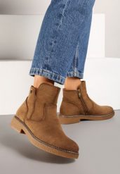 Brązowe Botki na Płaskiej Podeszwie z Ozdobnymi Przeszyciami Harirae. Brązowe botki damskie Renee, z jeansu, eleganckie, z okrągłym noskiem, bez obcasa, na płaskiej podeszwie, bez zapięcia. Za 139.99 zł.