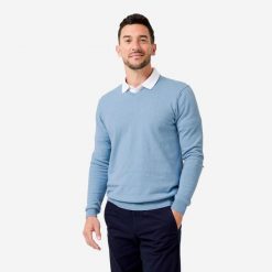 Sweter do golfa męski MW100 dekolt w serek. Niebieskie swetry męskie INESIS, l, bez wzorów, z bawełny, bez kołnierzyka. Za 69.99 zł.