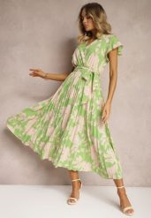 Zielono-Beżowa Kopertowa Plisowana Sukienka Koktajlowa z Gumką i Paskiem w Talii Benelsea. Zielone sukienki damskie Renee, m, bez wzorów, z materiału, eleganckie, bez kołnierzyka, bez ramiączek, maxi, dopasowane. W wyprzedaży za 79.99 zł.