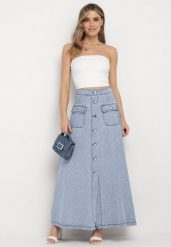 Jasnoniebieska Trapezowa Spódnica Maxi Bawełniana Jeansowa z Guzikami i Kieszeniami z Klapami Zrissa. Niebieskie spódniczki damskie Born2be, m, bez wzorów, z bawełny, eleganckie, maxi, koszulowe. Za 169.99 zł.