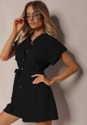 Czarny Taliowany Kombinezon Wiązany w Pasie Zapinany na Guziki Tenadea. Czarne kombinezony damskie Renee, l, z aplikacjami, eleganckie, bez kołnierzyka, bez ramiączek. Za 119.99 zł.