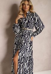 Granatowa Długa Sukienka Rozkloszowana w Geometryczne Wzory z Kołnierzykiem Skulle. Niebieskie sukienki damskie Renee, l, bez wzorów, z materiału, bez kołnierzyka, bez ramiączek, maxi, rozkloszowane. W wyprzedaży za 111.99 zł.