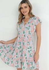 Miętowa Sukienka Taliowana z Wiskozy w Kwiaty Adomisia. Zielone sukienki damskie Born2be, na lato, m, bez wzorów, z wiskozy, bez kołnierzyka, bez ramiączek, mini. W wyprzedaży za 71.99 zł.