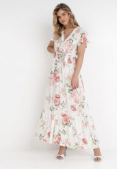 Biała Sukienka Thellippe. Białe sukienki damskie Born2be, l, bez wzorów, z tkaniny, eleganckie, bez kołnierzyka, bez ramiączek, maxi, rozkloszowane. W wyprzedaży za 67.99 zł.