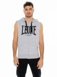 Leone Basic męska bluza z kapturem i bez rękawów zapinana na zamek. Szare bluzy sportowe męskie LEONE 1947 APPAREL, bez wzorów, bez kołnierzyka, bez ramiączek. Za 84.16 zł.