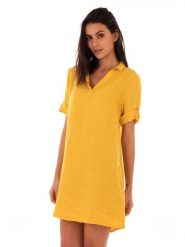 Lin Passion Lniana sukienka w kolorze żółtym rozmiar: 36/38. Żółte sukienki damskie Lin Passion, bez wzorów, ze lnu, klasyczne, bez kołnierzyka, bez ramiączek, mini. Za 113.99 zł.