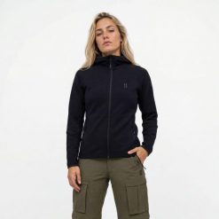 Poederbaas Damska Bluza Outdoor z Wełną Merynosów - Czarna. Czarne bluzy z kapturem damskie POEDERBAAS, s, z materiału. Za 373.02 zł.