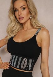 Czarny Top Krótki Ozdobiony Cyrkoniami i z Regulowanymi Ramiączkami Okkela. Czarne topy damskie Renee, s, bez wzorów, bez kołnierzyka. Za 34.99 zł.