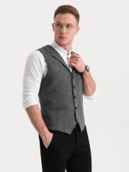 Kamizelka męska garniturowa z kołnierzem - grafitowa V1. Szare kamizelki męskie Ombre Clothing, m, z poliesteru. W wyprzedaży za 169.99 zł.
