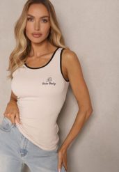 Jasnobeżowy Top z Wiskozą i Ozdobnym Nadrukiem Amotia. Brązowe topy damskie Renee, m, bez wzorów, z jeansu, bez kołnierzyka. Za 39.99 zł.