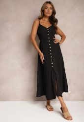 Czarna Taliowana Sukienka na Guziki na Ramiączkach z Regulacją Quafea. Czarne sukienki damskie Renee, na co dzień, l, bez wzorów, eleganckie, bez kołnierzyka, bez ramiączek, midi, kopertowe. W wyprzedaży za 87.99 zł.