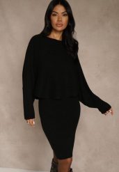Czarny Prążkowany Komplet z Dzianiny Sukienka Bodycon i Sweter Nietoperz Wediana. Czarne sukienki damskie Renee, m, bez wzorów, z dzianiny, eleganckie, bez kołnierzyka, bez ramiączek, bodycon. Za 139.99 zł.